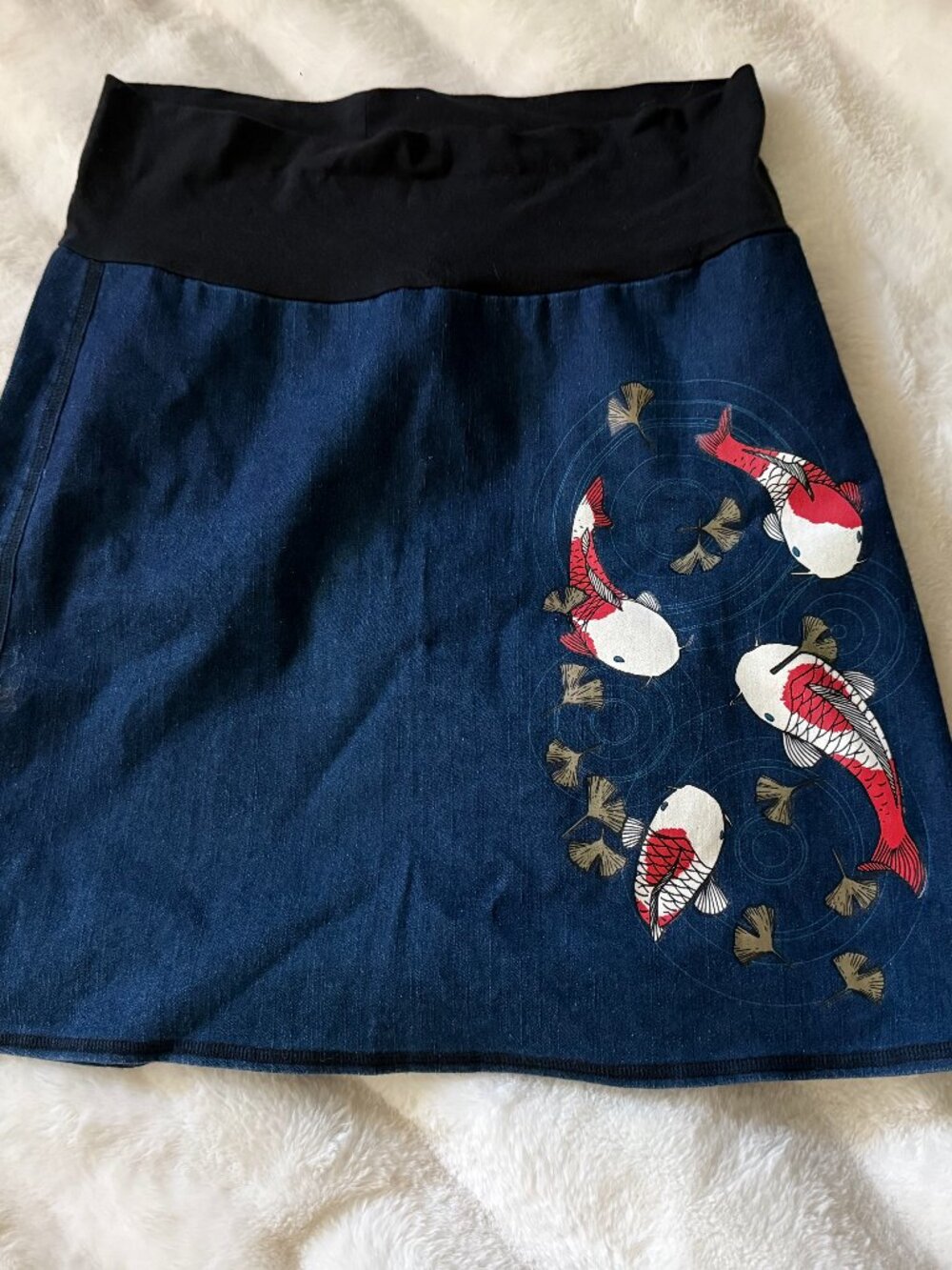 Denim stretch mini skirt with koi print women's size medium